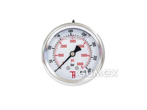 Manometer glycerínový so zadným vývodom, priemer 63mm, vonkajší závit G 1/4", 0-400bar, trieda presnosti 1,6%, priezor akryl, púzdro nerezová oceľ, -40°C/+60°C